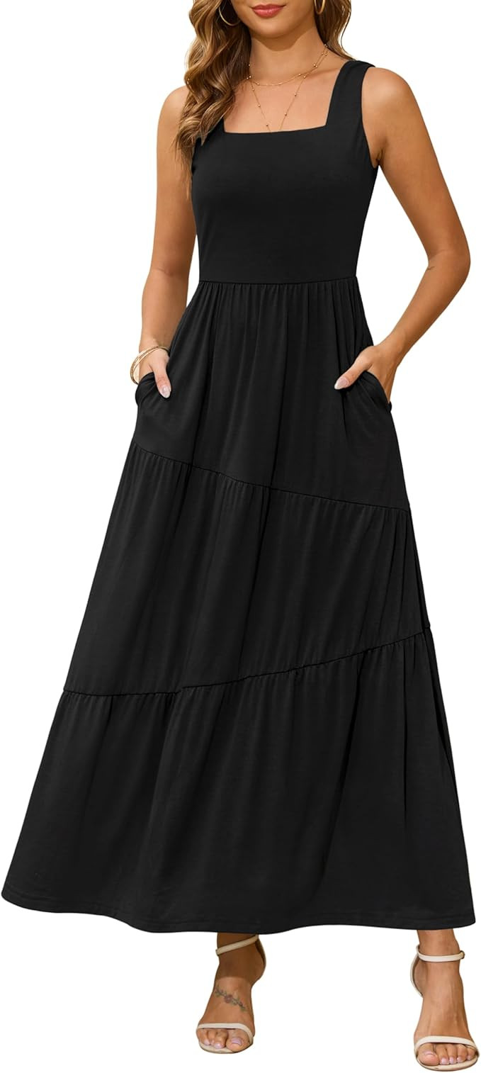 Kranda 2026 Summer Sleeveless Long Beach Sundress Square Neck Tank Top Tiered Maxi Dress with Poc... | Amazon (US)