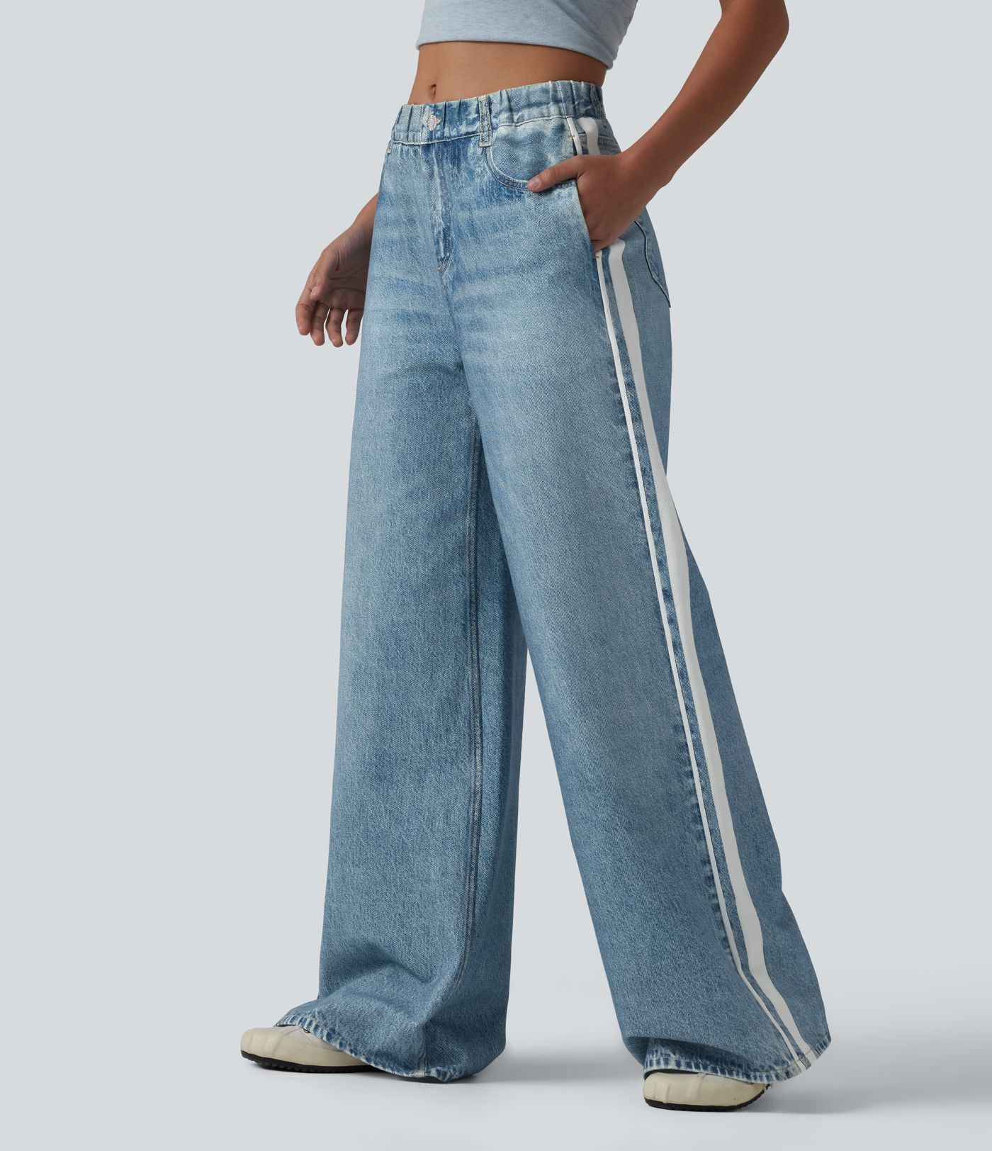 Women\u2019s Mid Rise Denim Print French Terry Stripe Casual Sweatpants Jeans with Pockets - Hala... | HALARA
