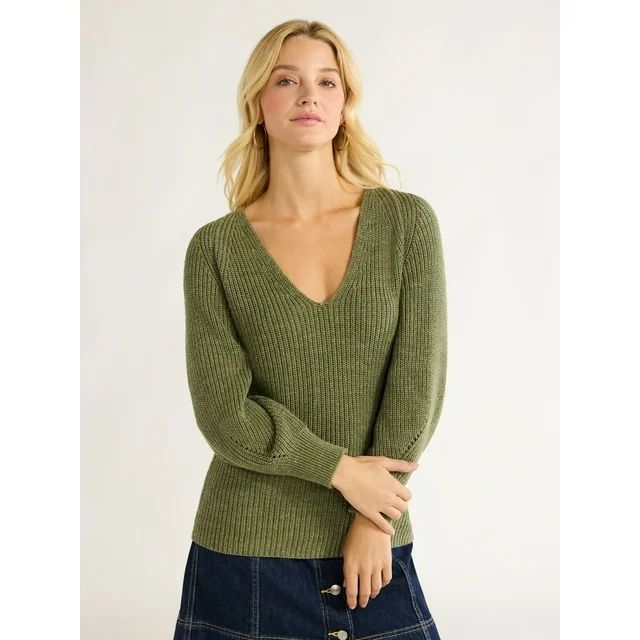 Free Assembly Women's V-Neck Sweater with Long Puff Sleeves, Midweight, Sizes XS-XXL | Walmart (US)