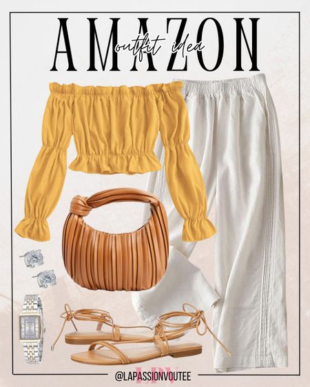 Effortlessly chic is the name of the game with this Amazon ensemble! Combine an off-shoulder crop top with linen pants, accessorized with stud earrings, a watch, a small handbag, and flat sandals.

#LTKSeasonal #LTKstyletip #LTKfindsunder100