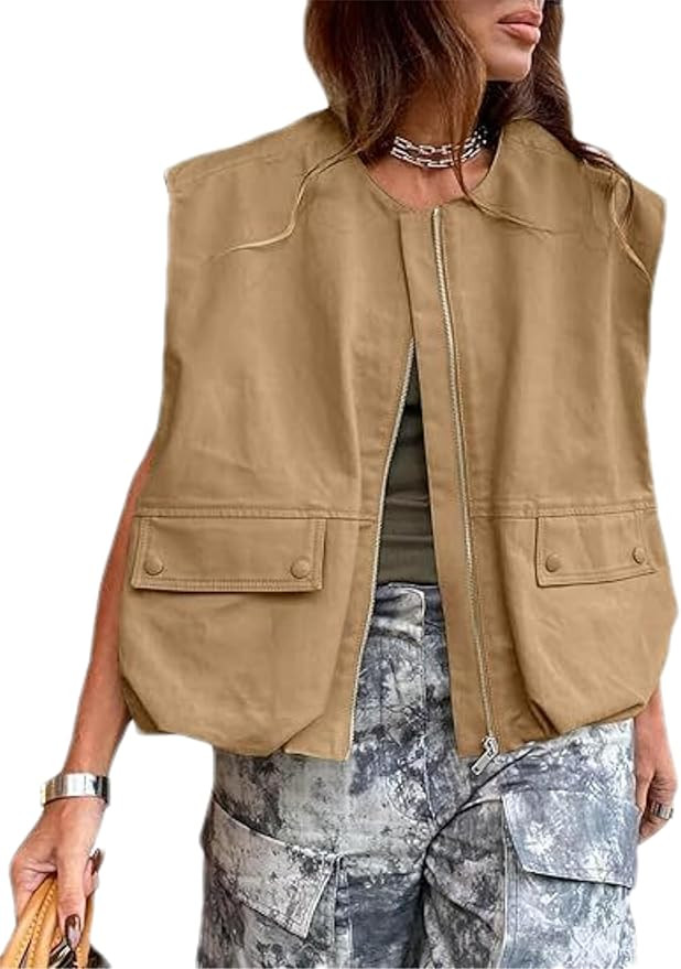 Womens Casual Zip Up Cargo Vest Top Oversized Lightweight Ruched Hem Sleeveless Blazer Jackets Ve... | Amazon (US)
