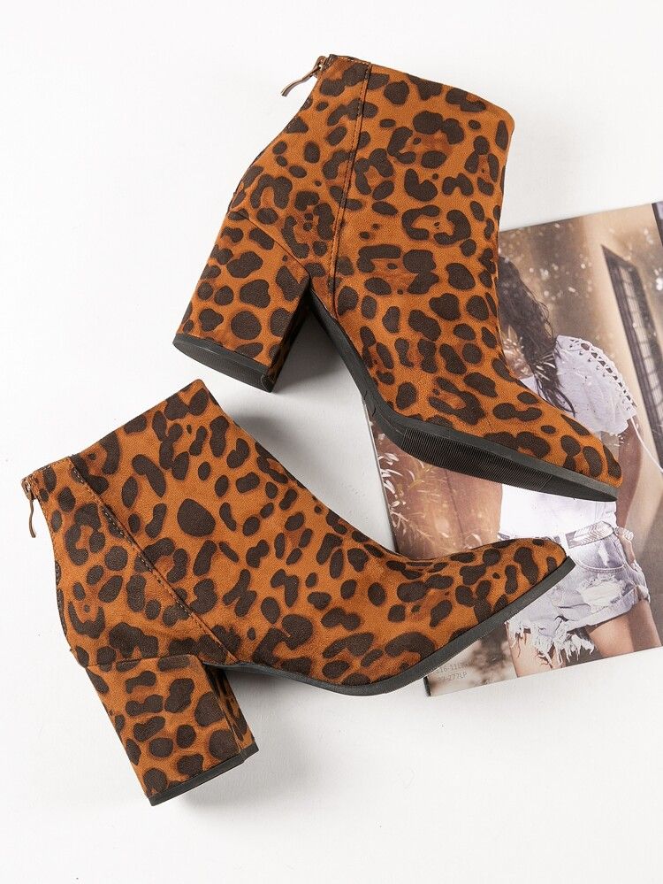 Pointed Toe Chunky Heel Leopard Booties | SHEIN