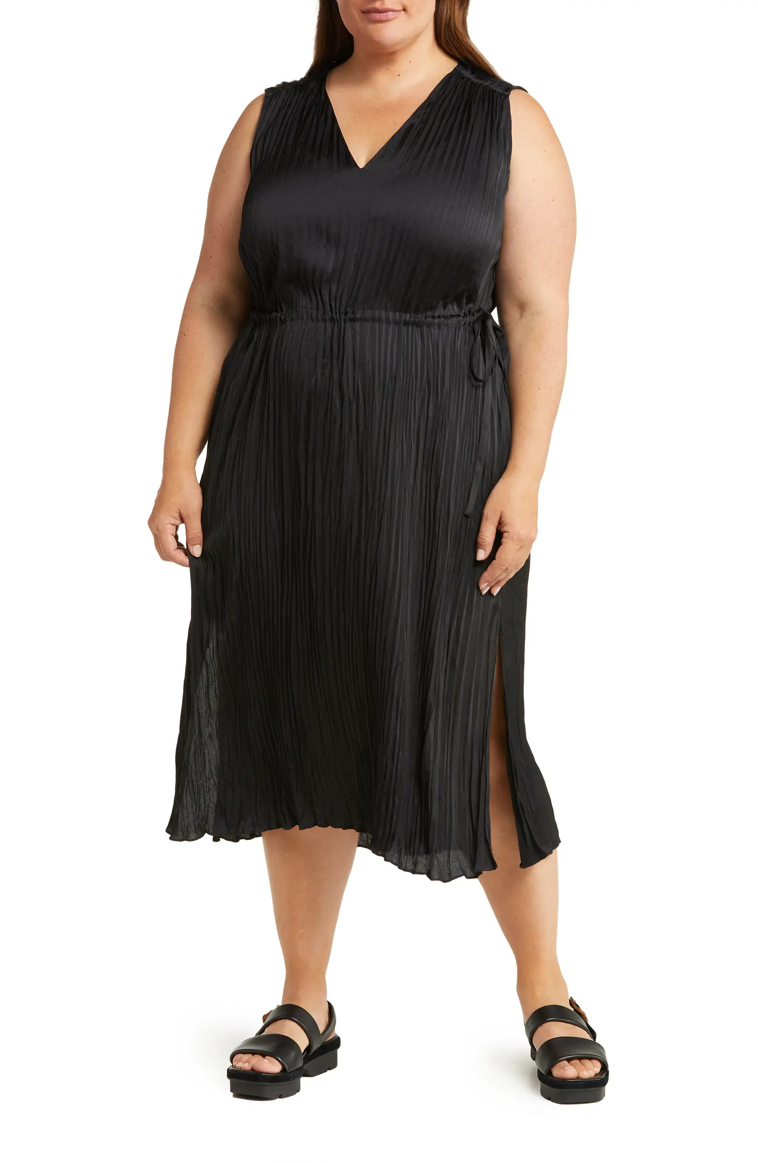 Vince V-Neck Side Tie Satin Plissé Dress | Nordstrom | Nordstrom