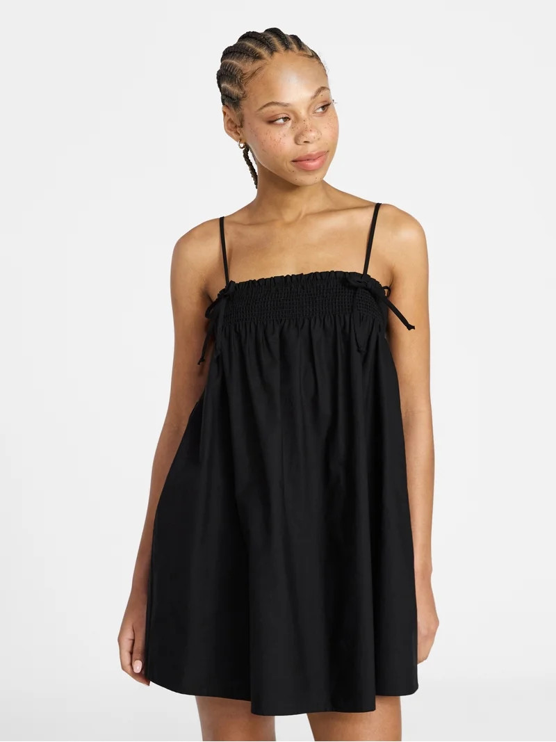 No Boundaries Cotton Poplin Smocked Mini Dress with Tie Straps, Women's XXS-XXL | Walmart (US)