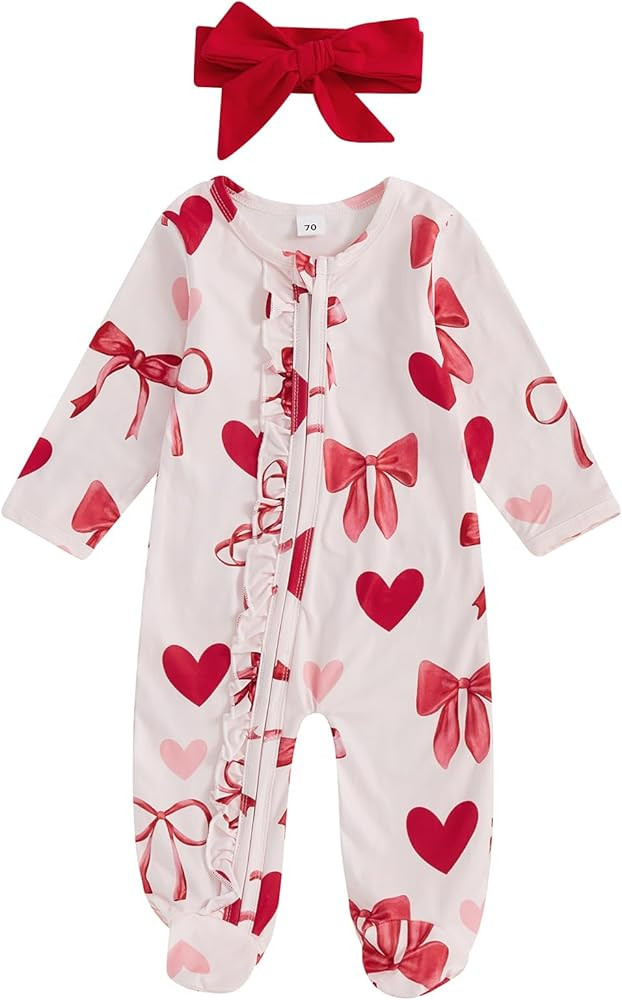 Valentines Baby Girl Outfit Bowknot Heart Footie Romper Long Sleeve Onesie Newborn Christmas Clot... | Amazon (US)