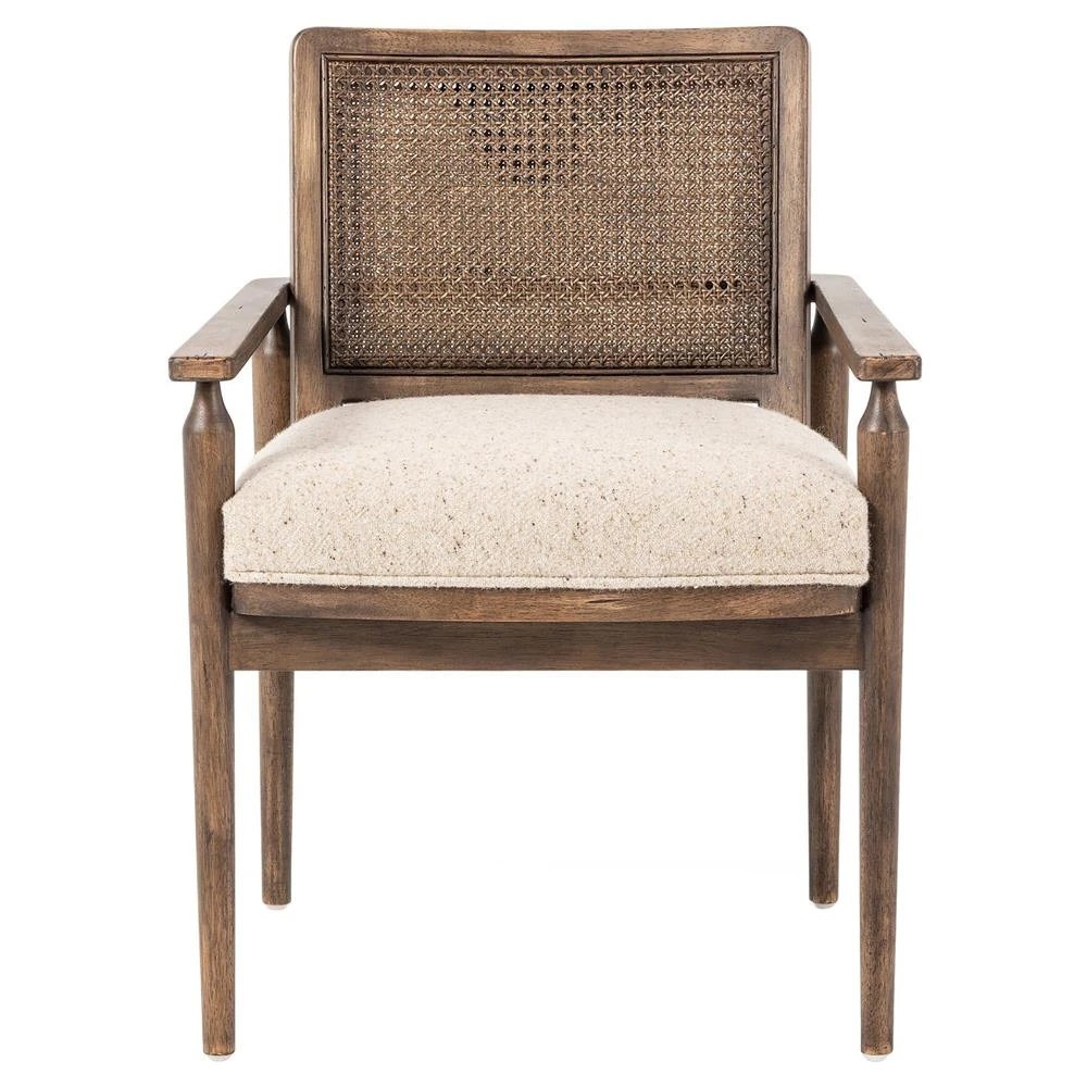 Xander Rustic Lodge Brown Woven Cane Taupe Upholstered Linen Dining Arm Chair | Kathy Kuo Home