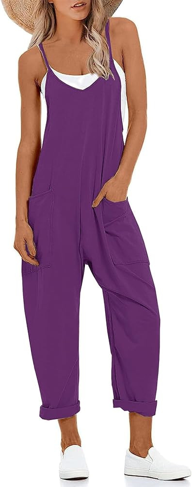 Women's V Neck Sleeveless Jumpsuits Spaghetti Straps Harem Long Pants Overalls With Pockets | Amazon (US)