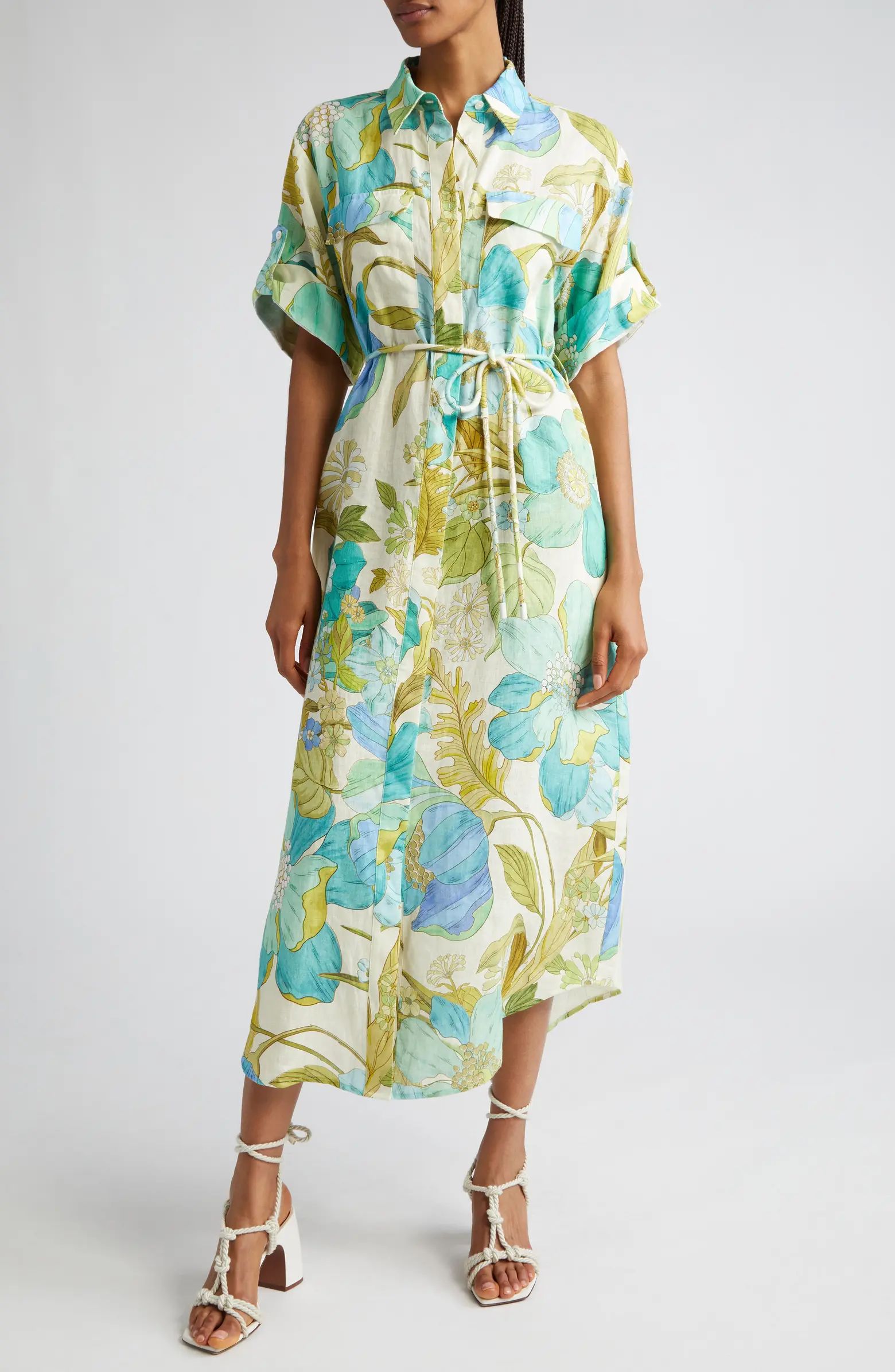 Janis Floral Print Belted Linen Midi Shirtdress | Nordstrom