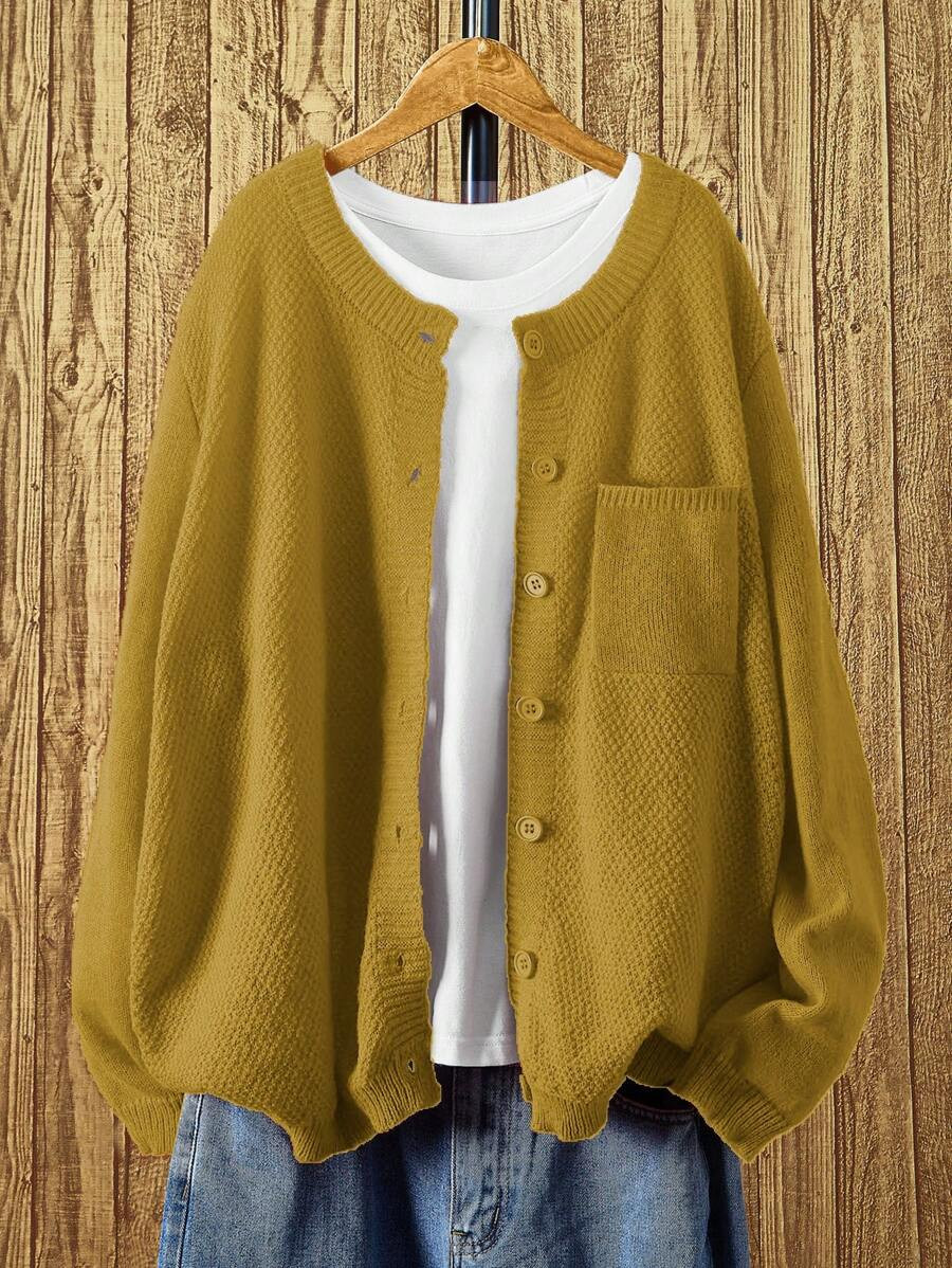 Flirla Plus Size Solid Color Front Button Long Sleeve Pocket Simple Casual Top, For Winter | SHEIN