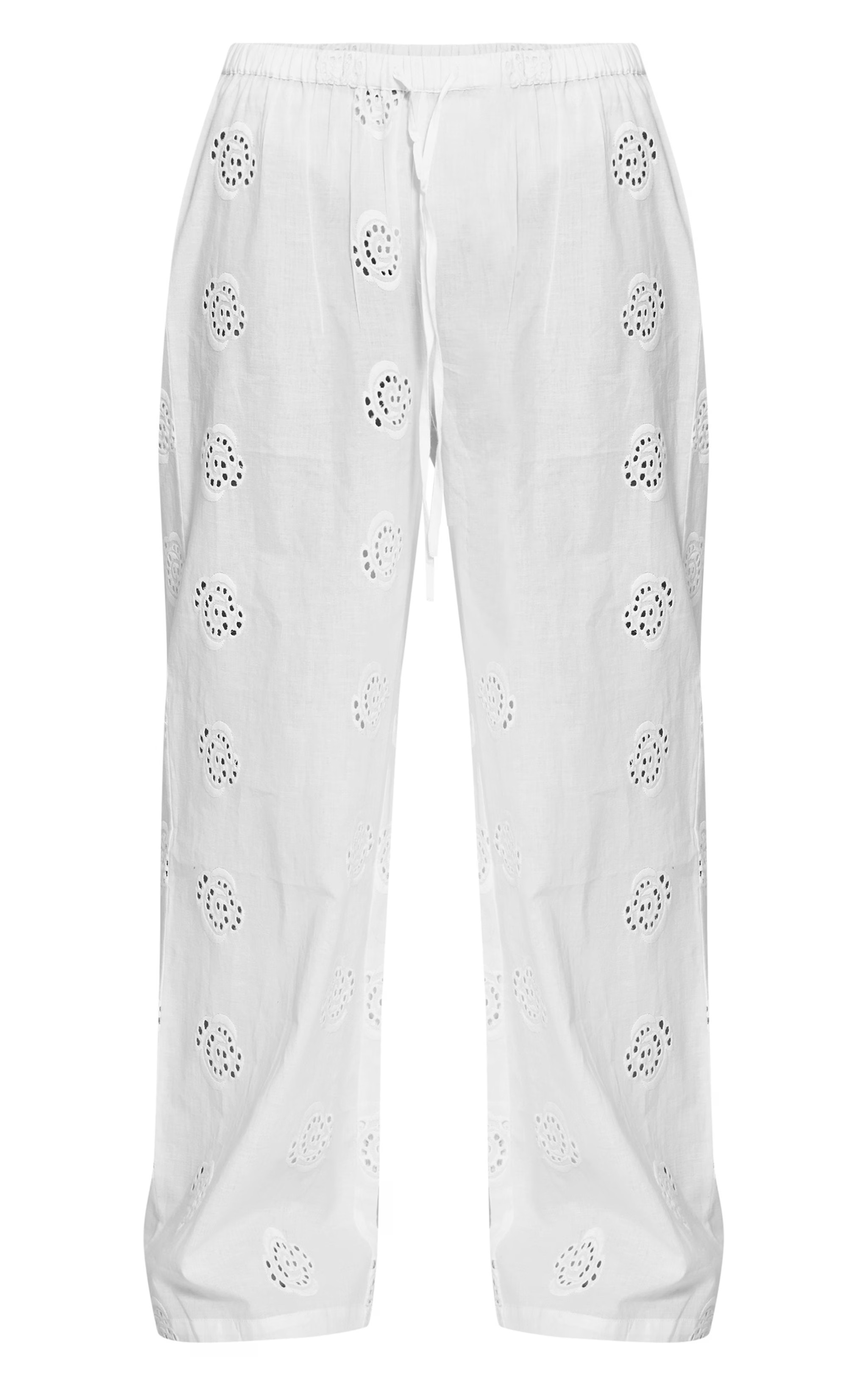 Petite White Broderie Swirl Straight Leg Trousers | Petite | PrettyLittleThing UK