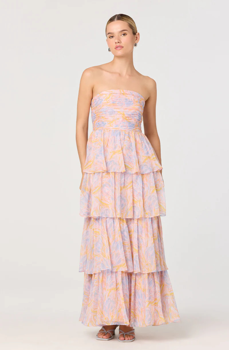 Anisha Strapless Floral Ruffle Maxi Dress - Orange lavender pt / XS | ASTR The Label (US)