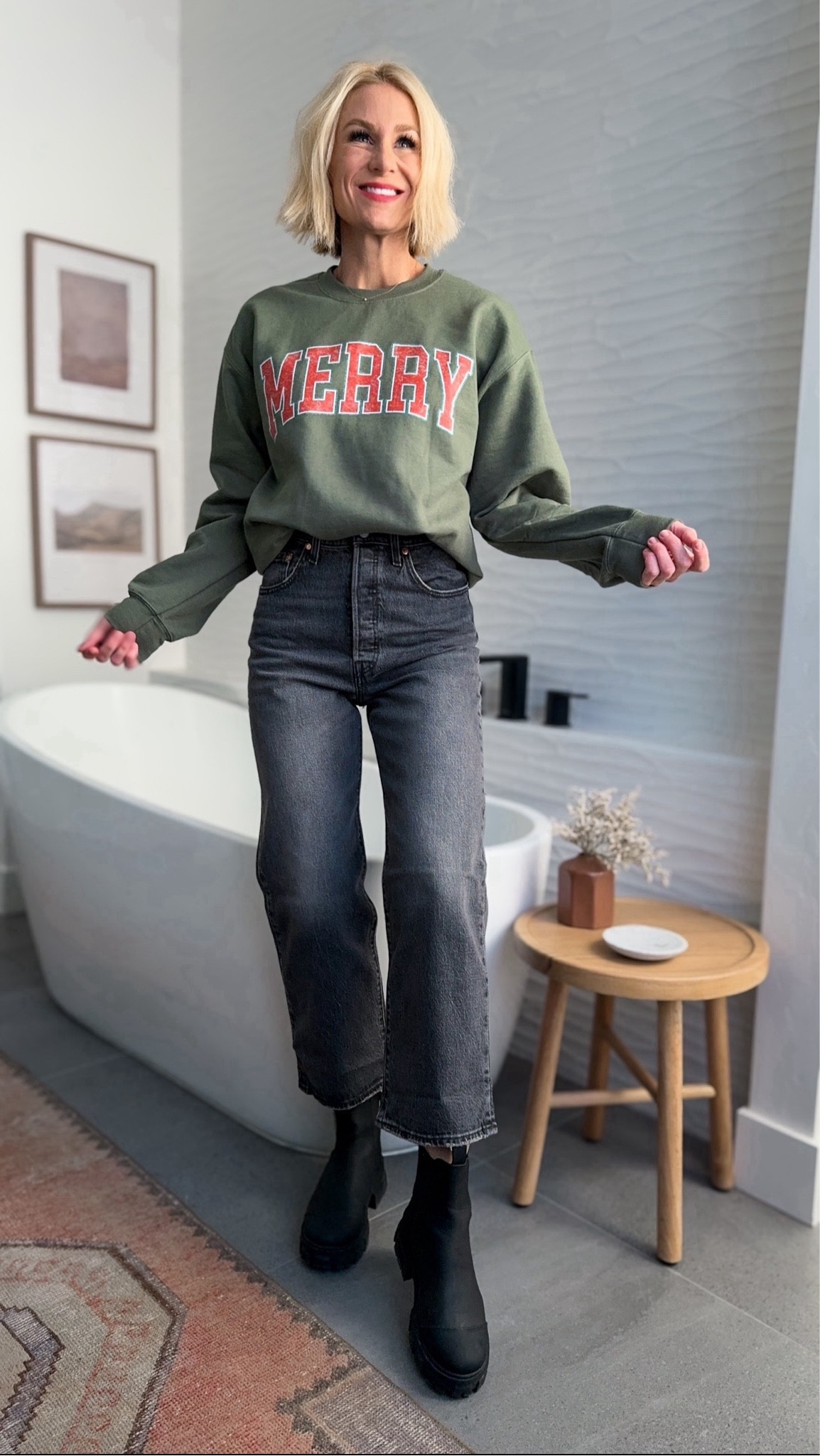 BUDGET HOLIDAY LOOK:
Sweatshirt $20, boots $27 & jeans $58!
NEW, on SALE black wash JEANS for under $60!
Holiday graphic MERRY sweatshirt in more colors and on SALE for $20. A fun gift idea too (friend, teacher, sister). Sizing:
Sweatshirt: fits perfectly oversized; wearing a medium. Color is military green.
Jeans: fit true to size. Wearing 27x27
Boots: fit true to size 

#LTKCyberSaleFR #LTKHoliday #LTKSeasonal