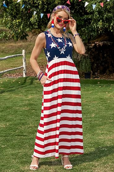 For G and PL Womens 4th of July American Flag Sleeveless Maxi Dress Patriotic Long Tank Sundress ... | Amazon (US)