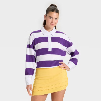 Women's Game Day Striped Cropped Long Sleeve Polo T-Shirt - JoyLab™ Purple L | Target