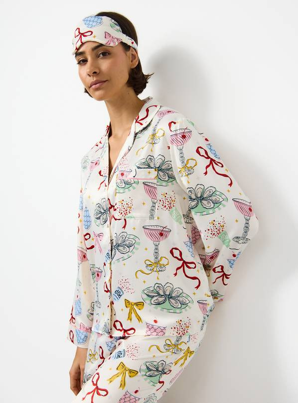 Christmas Party Printed Satin Traditional Pyjamas & Eye Mask 24 | Tu Clothing