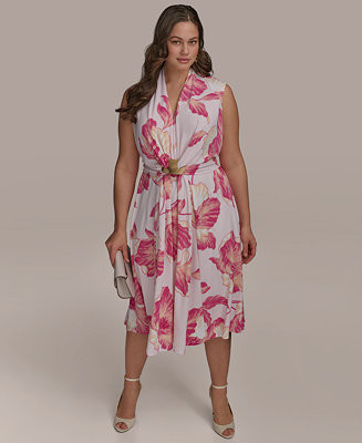 Plus Size Floral-Print Belted Midi Dress | Macy's