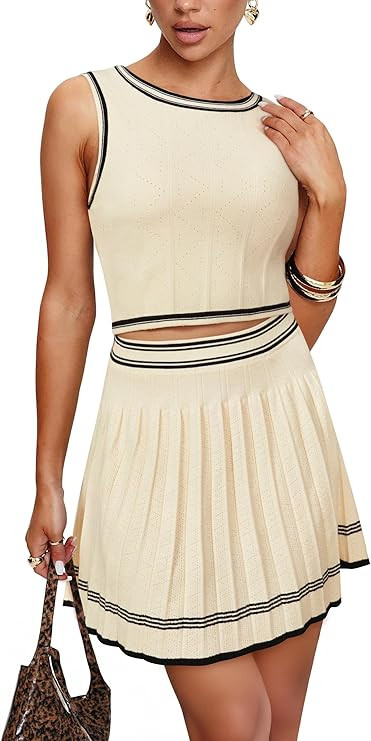 Arach&Cloz Women’s 2 Piece Skirt Sets 2025 Fashion Summer Knit Striped Tank Tops Mini Pleated S... | Amazon (US)