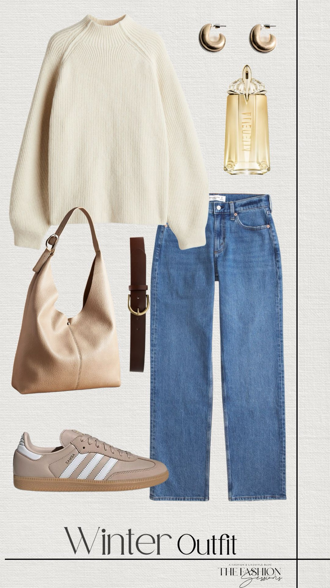 Winter Outfit | Cream Sweater | Adidas Samba | Anthropology Slouch Bag | Abercrombie Denim Jeans | Mugler Perfume |

#LTKStyleTip #LTKShoeCrush #LTKSeasonal
