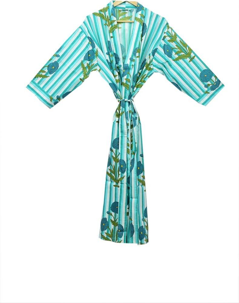 Indian Hand block print Cotton Bath Robe,Swim Wear,Nighrwere Dressing Gown,Hand block print Cotto... | Amazon (US)