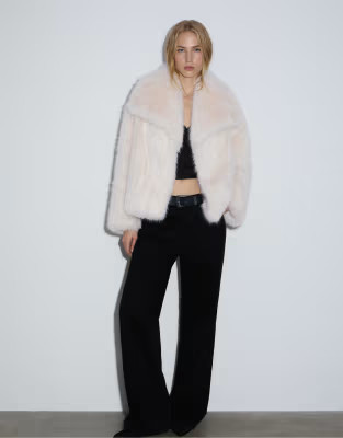 Stradivarius Cropped faux fur jacket in ecru | ASOS (Global)