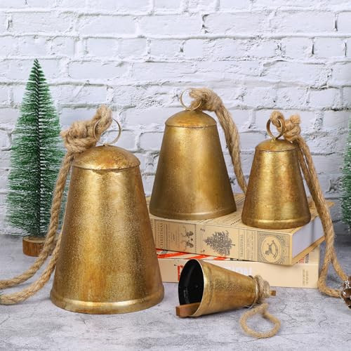 Fovths 4 Pieces Christmas Cow Bells Hanging Cone Cowbells Rustic Harmony Cow Bells Metal Vintage Wind Chimes Bells for Christmas Home Garden Decor, Wedding Crafts, Sleigh Bells | Amazon (US)