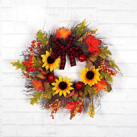 2020 Autumn Artificial Maple Leaf Wreath With Sunflowers Berries And Bowknot Front Door Window Wa... | Walmart (US)