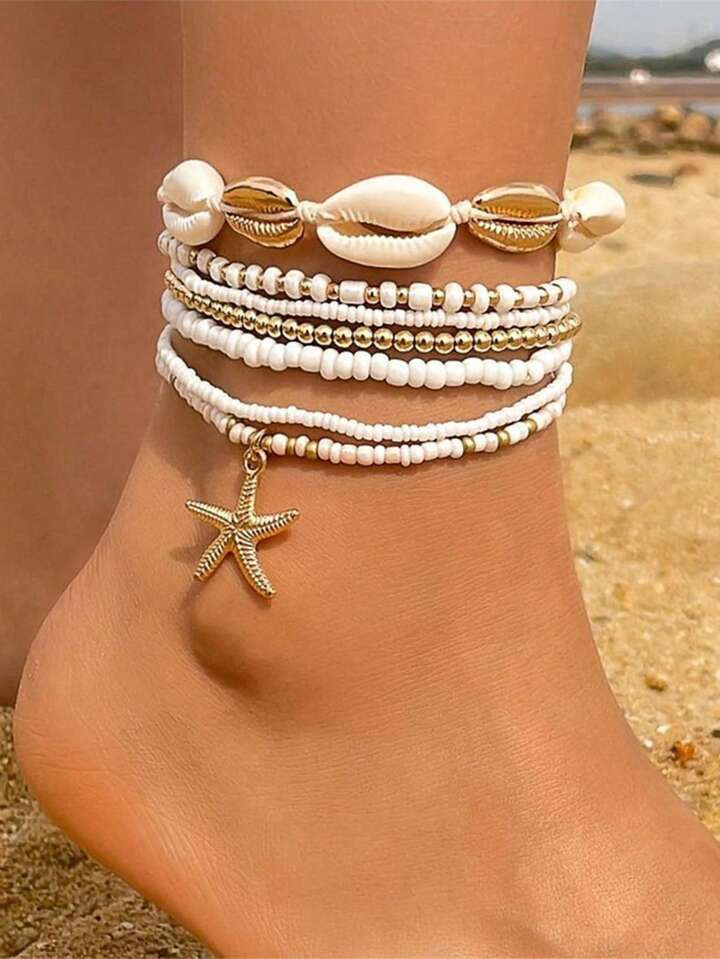7pcs Bohemian Style Beachy Sea Star, Shell And Rice Bead Elastic Anklet Set, Summer | SHEIN