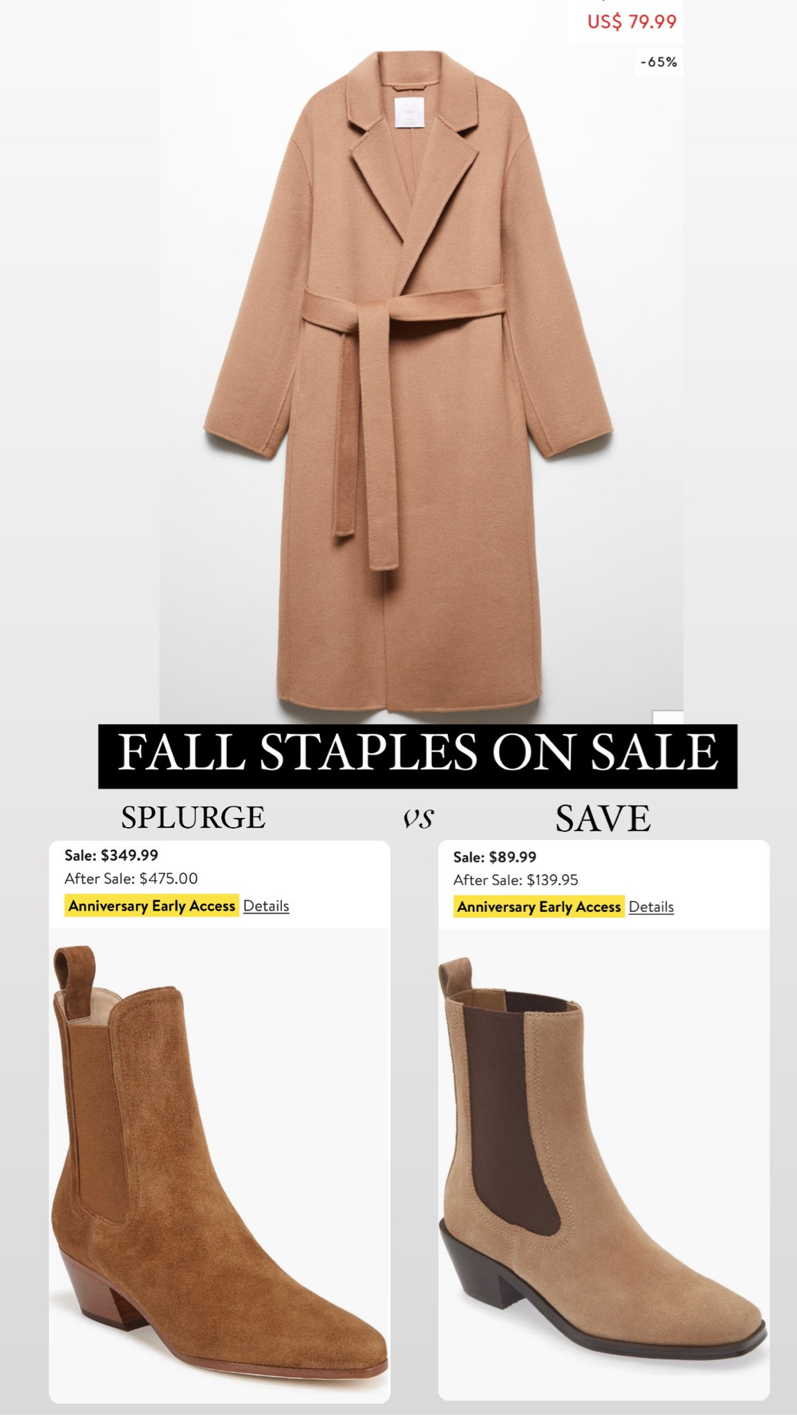 Classic fall staples on sale 

Mango camel coat on sale - code EXTRA20 for extra 20% off 4 or more items, 15% off 3 or more items 
Nordstrom nsale boots 

#LTKxNSale #LTKSummerSales #LTKSeasonal