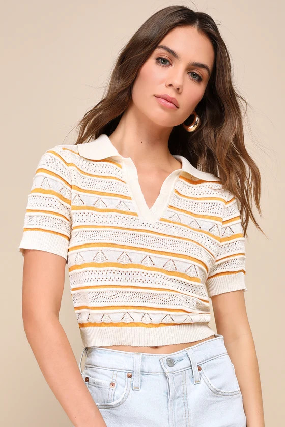 Sunny Lifestyle Cream Striped Pointelle Knit Collared Top | Lulus