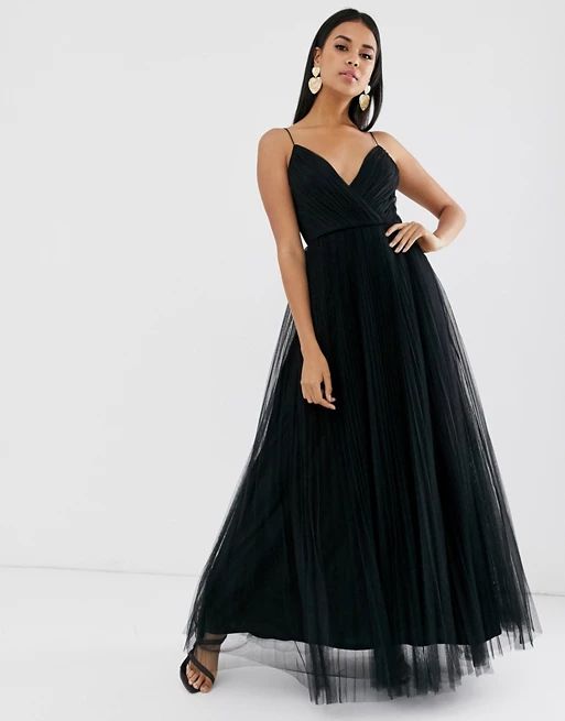 ASOS DESIGN cami pleated tulle maxi dress in black | ASOS (Global)