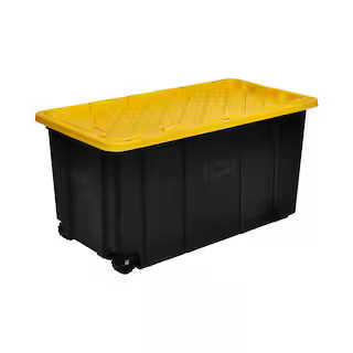 77 Gal. Tough Storage Tote with Wheels in Black with Yellow Lid | The Home Depot