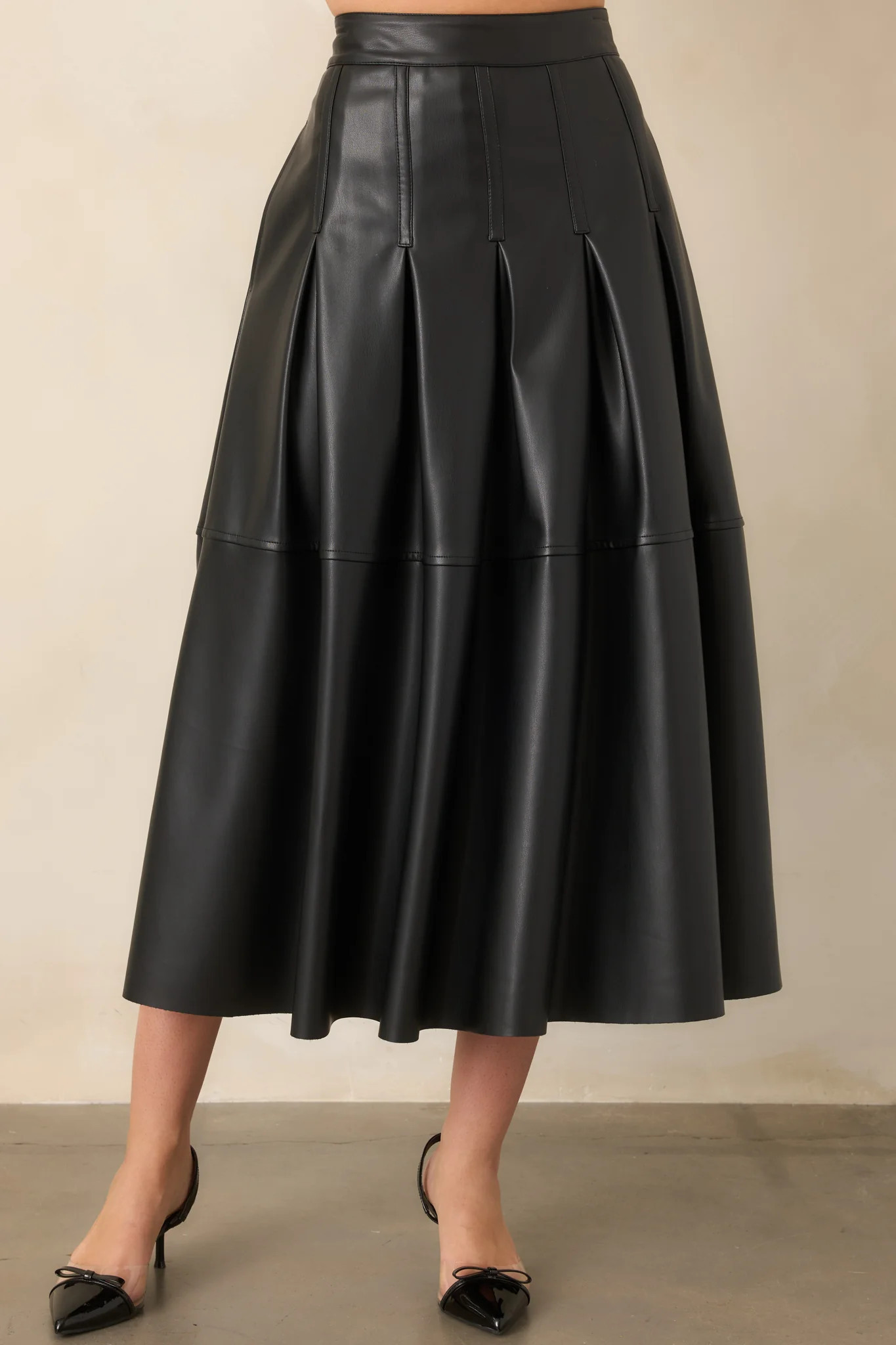 Cut To Perfection Black Faux Leather Pleated Midi Skirt M / Black | Red Dress