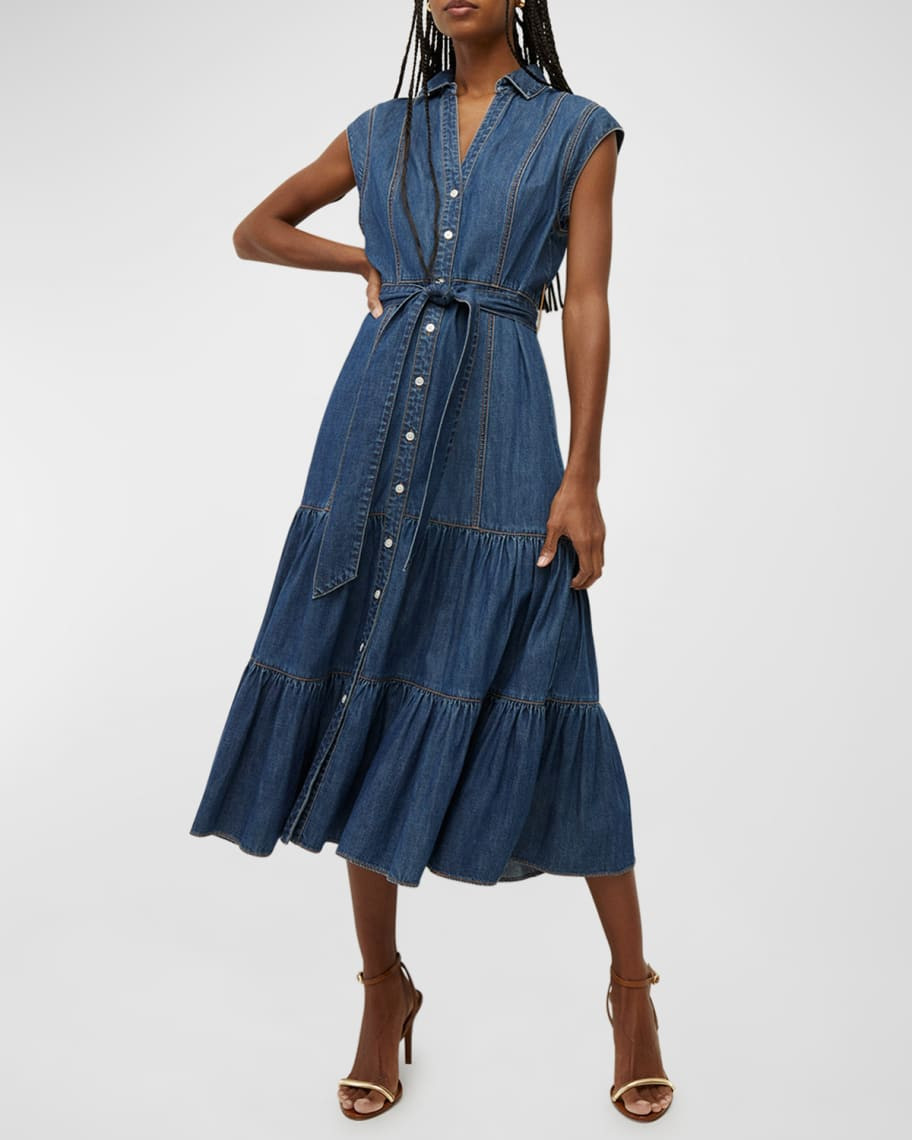 Arnetta Tiered A-Line Denim Midi Dress | Neiman Marcus