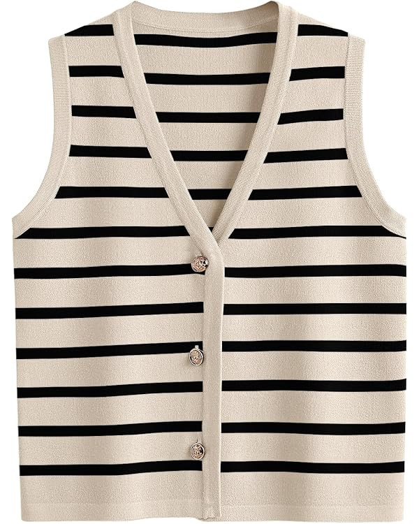 LILLUSORY Summer Vest Tops for Women 2025 Striped Sweater Vests Vacation Button Up Outfits Spring... | Amazon (US)