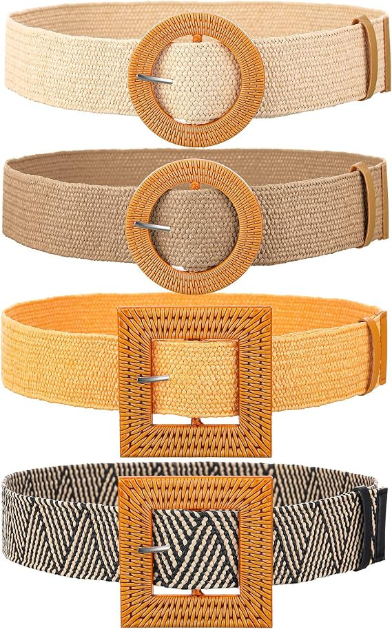WILLBOND 4 Pcs Straw Woven Belt Elastic Stretch Rattan Buckle Waist Belt Women Skinny Raffia Dres... | Amazon (US)