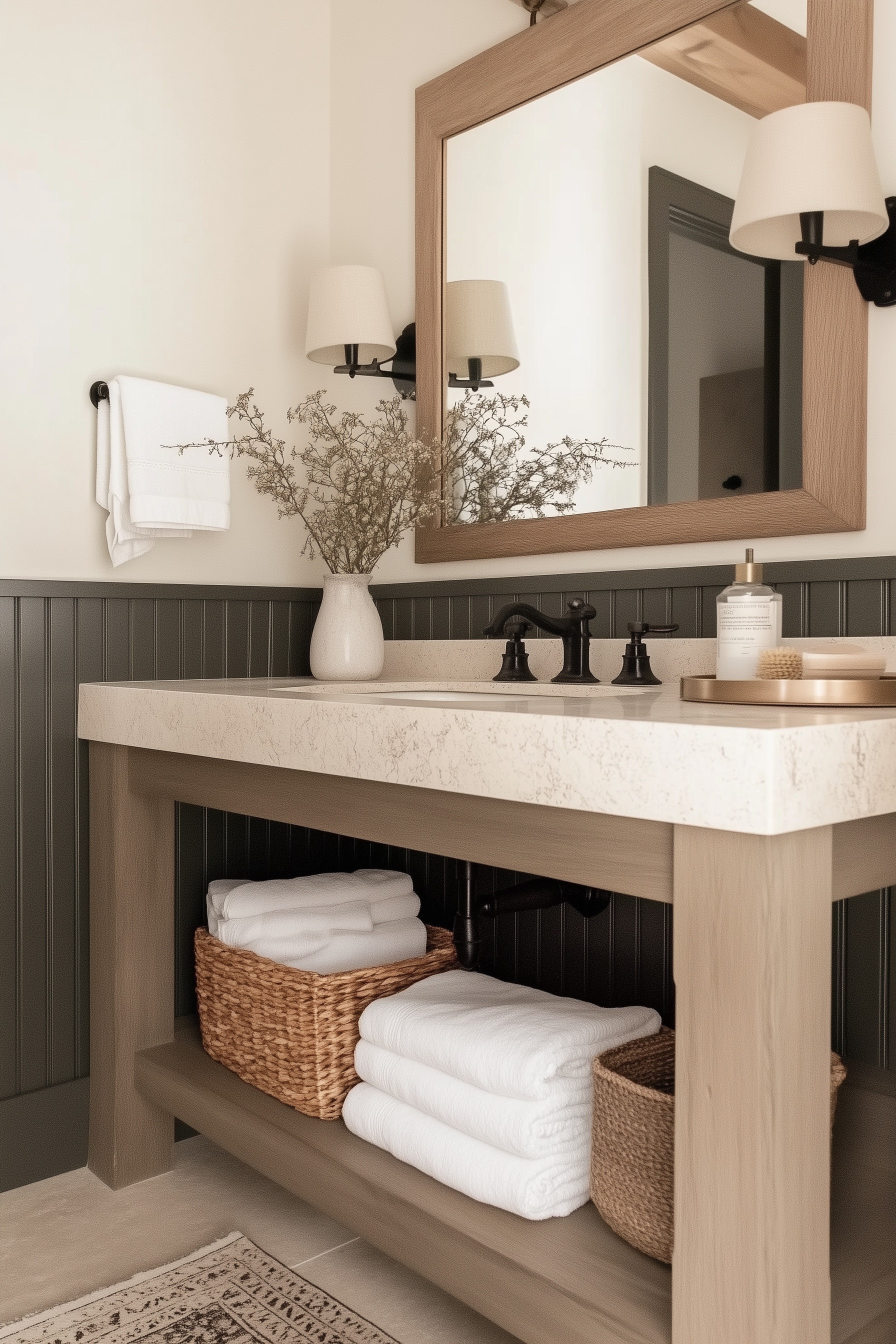 Warm neutral bathroom decor with oak tones, black hardware, and cozy textures feels timeless and organic. The wood vanity, woven baskets, and soft white towels create a spa-like retreat that’s both modern and classic. Add dried florals and brass accents for an inviting, natural aesthetic that never goes out of style.  
#homedecor #interiordesign #homedecorfinds  

 #LTKSeasonal #LTKHome #LTKStyleTip