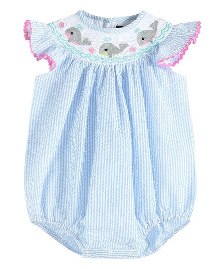 Blue Stripe Seersucker Whale Smocked Bubble Bodysuit - Infant & Toddler | Zulily