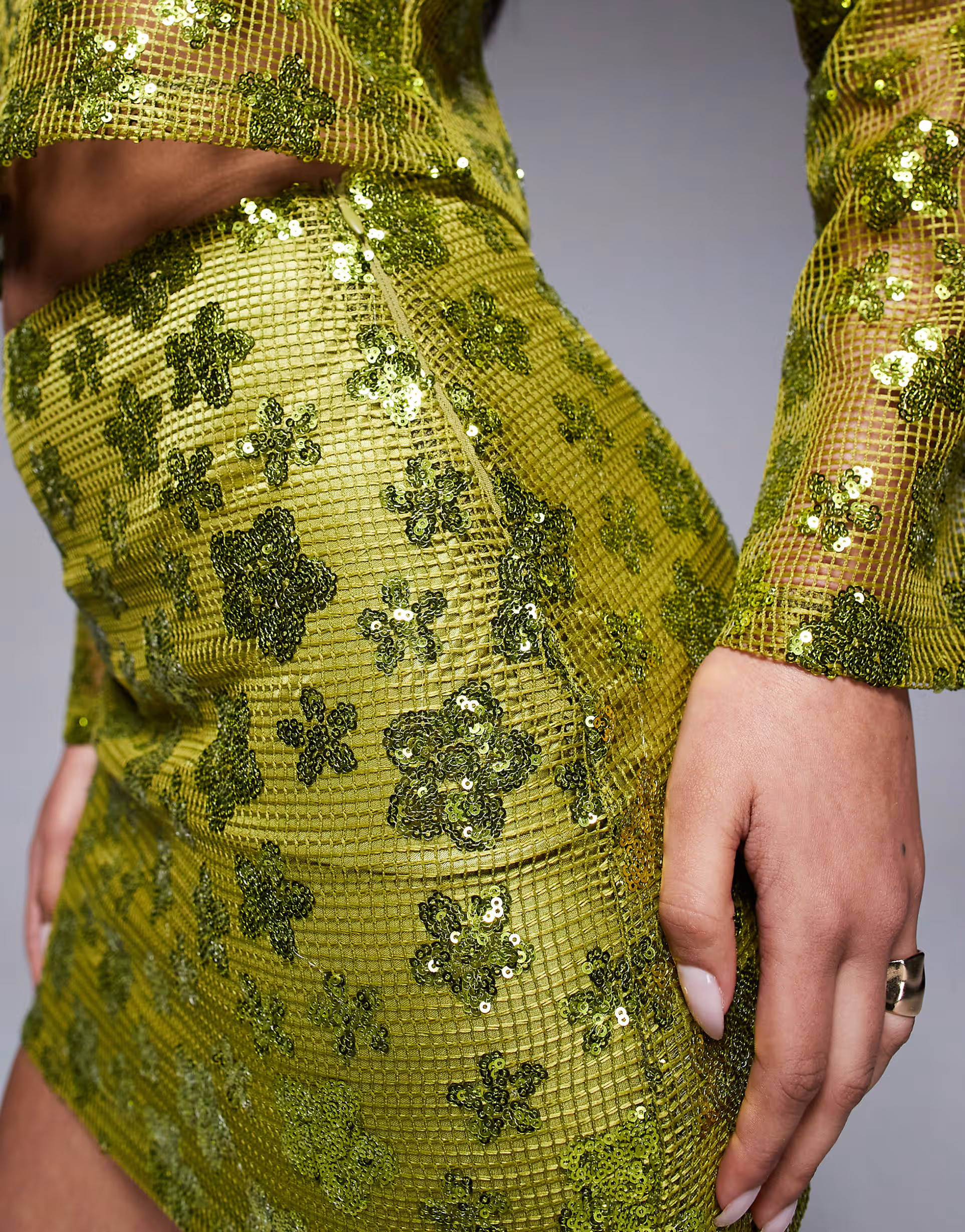ASOS DESIGN co-ord crochet floral sequin mini skirt in olive green | ASOS | ASOS (Global)