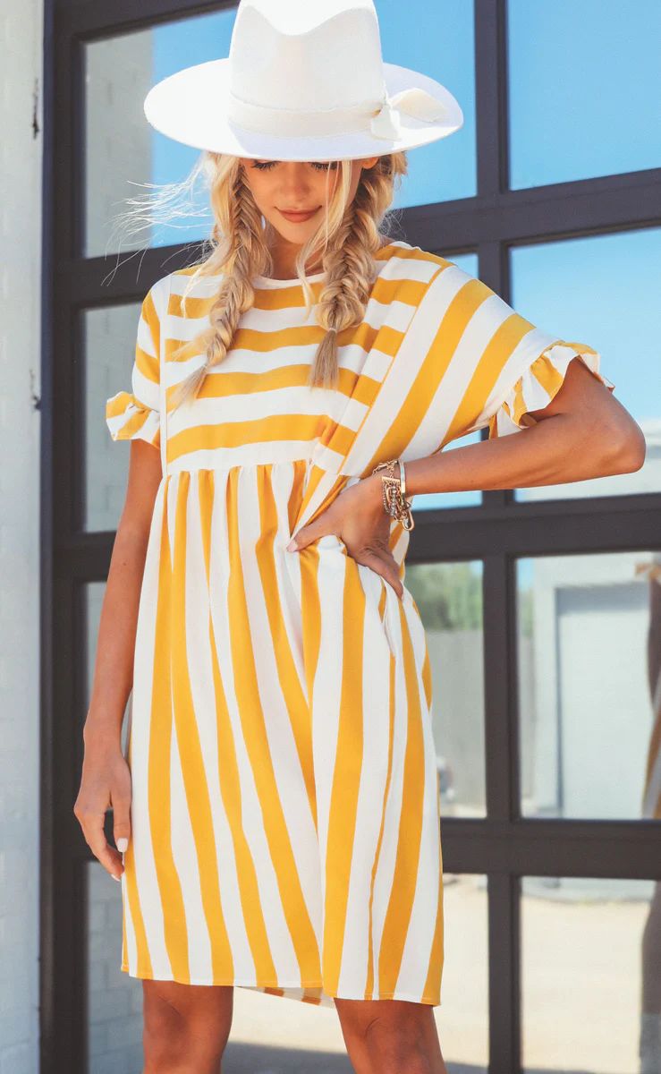 sweetly striped babydoll dress - mustard | RIFFRAFF