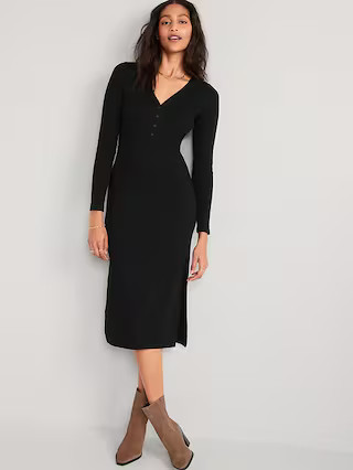 Fitted Long-Sleeve Rib-Knit Henley Midi Dress for Women | Old Navy (US)