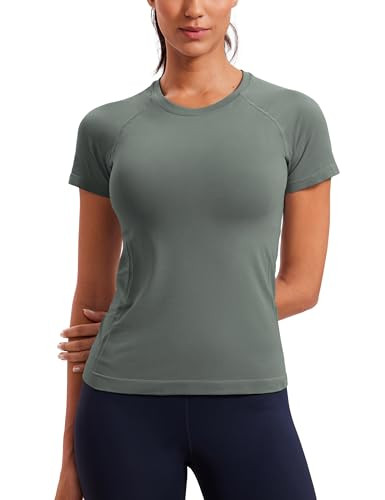 CRZ YOGA Seamless Workout Tops for Women Short Sleeve Athletic Tees Breathable Gym Running Yoga Shirts Grey Sage Small | Amazon (US)