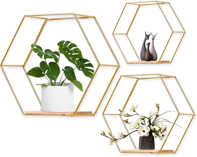 Wall Mounted Hexagonal Floating Shelves Set of 3 in Different Sizes, Modern Metal Wall Shelf, Sim... | Amazon (US)