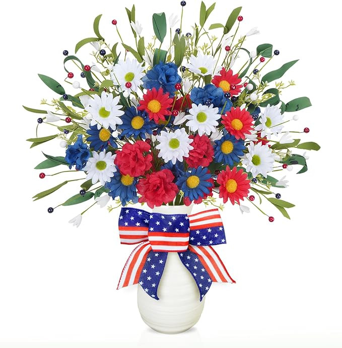 4 Bundles Artificial Red White and Blue Flowers with Patriotic Bows in Vase for Tables Centerpiec... | Amazon (US)