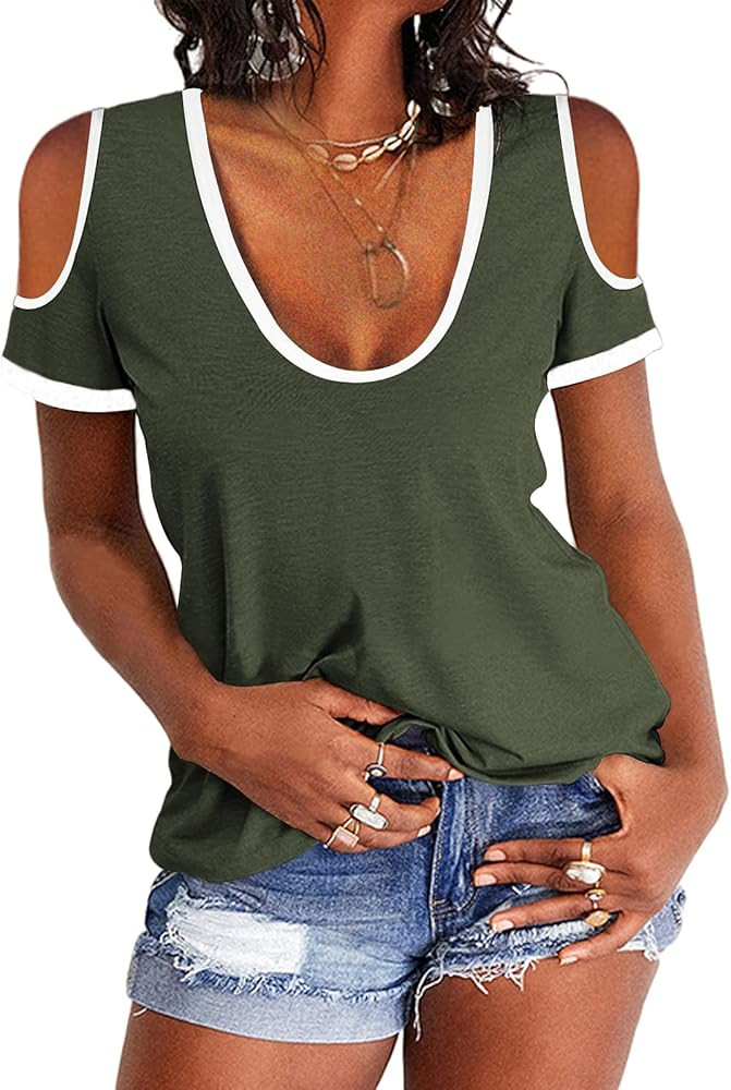 Dellytop Women's Cold Shoulder Top Casual Scoop Neck Short Sleeve T-Shirt | Amazon (US)