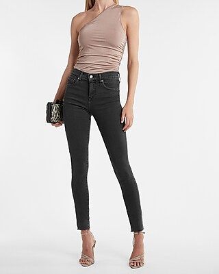 Mid Rise Black Raw Hem Skinny Jeans | Express