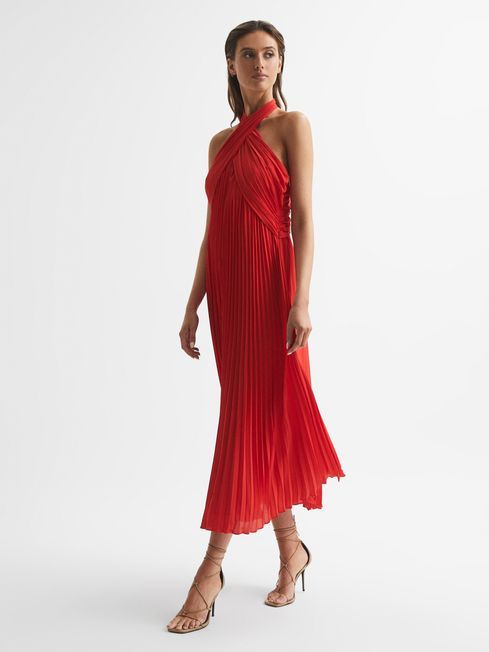 Reiss Red Roya Halter Neck Pleat Midi Dress | Reiss US