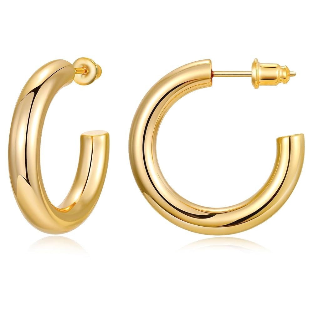 Gacimy Chunky Hoop Earrings for Women 14K Gold Plated, 925 Sterling Silver Post Hoops for Women | Amazon (US)