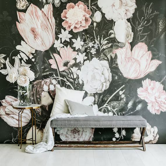 Blossoms Mural - Dark Floral Wallpaper | Nursery | Etsy (US)