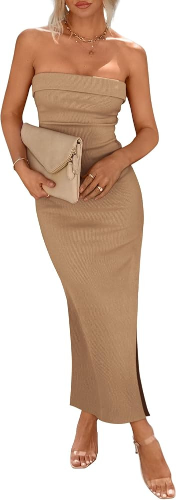 PRETTYGARDEN Women's Summer Bodycon Maxi Tube Dress Ribbed Strapless Side Slit Long Going Out Cas... | Amazon (US)