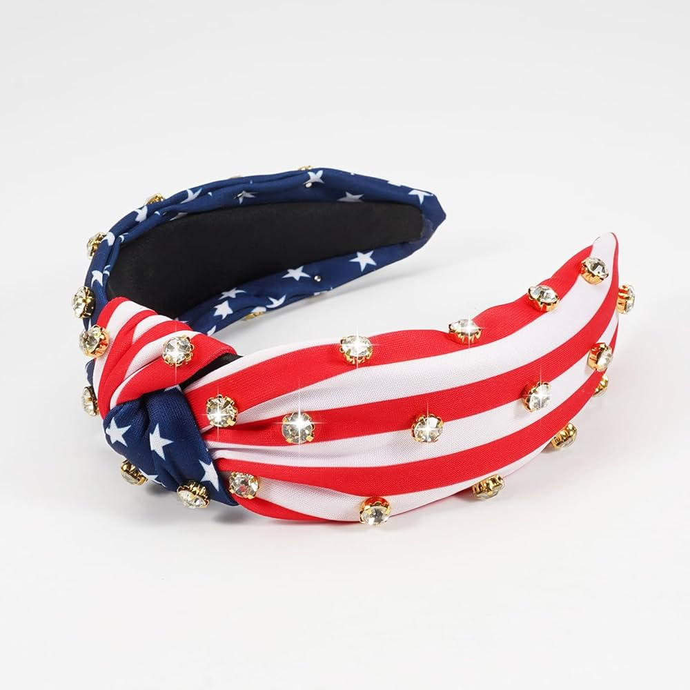 Patriotic Rhinestone Headband American Flag Red White Blue Knotted Hair Accessory 4th of July Hai... | Amazon (US)